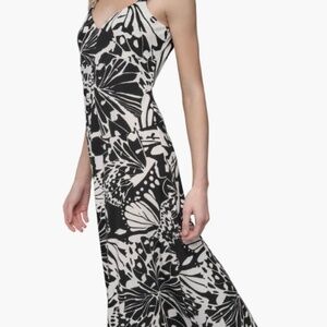 DKNY Floral Print Matte Jersey Midi Dress | Black & Ecru | Size 8 | NWT